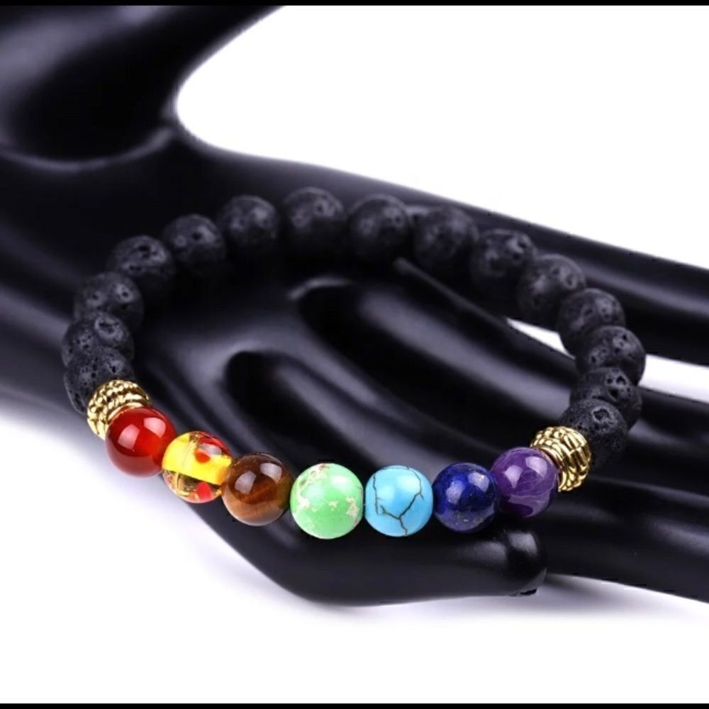 Set of (2) Essential Oil Diffuser Chakra / Black Lava Rock Stone Bead Bracelets - Picture 7 of 9